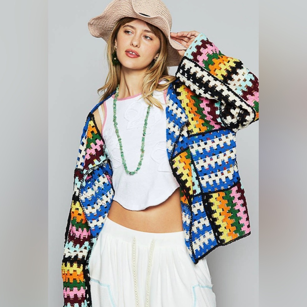 POL Patchwork Square Crochet Open Cardigan Sweater Black Boho One Size New